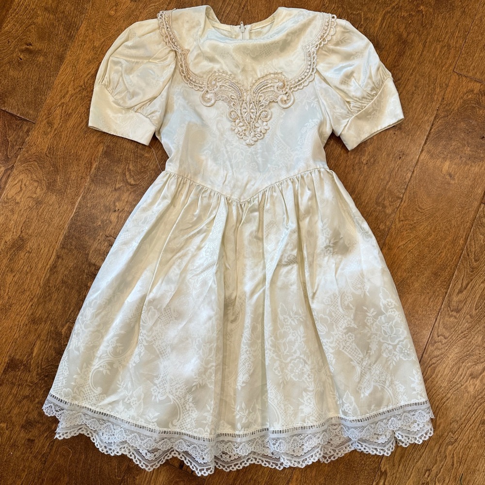 Vintage 70s/80s Gunne Sax Cream Lace Dress Puff Sleeve Formal Wedding Girls 6X‎